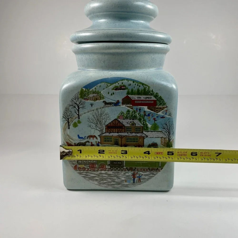Vintage Ceramic Pale Blue Spackle Lidded Cookie Jar  Winter Small Town Picture